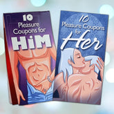 The image showcases a Set of 10 Pleasure Coupons by Ozze Creations, featuring two booklets titled "For Him" and "For Her." The "For Him" booklet displays an illustration of a shirtless man, while the "For Her" booklet features an intimate illustration of a couple cuddling—making it an ideal romantic gift to ignite passion.